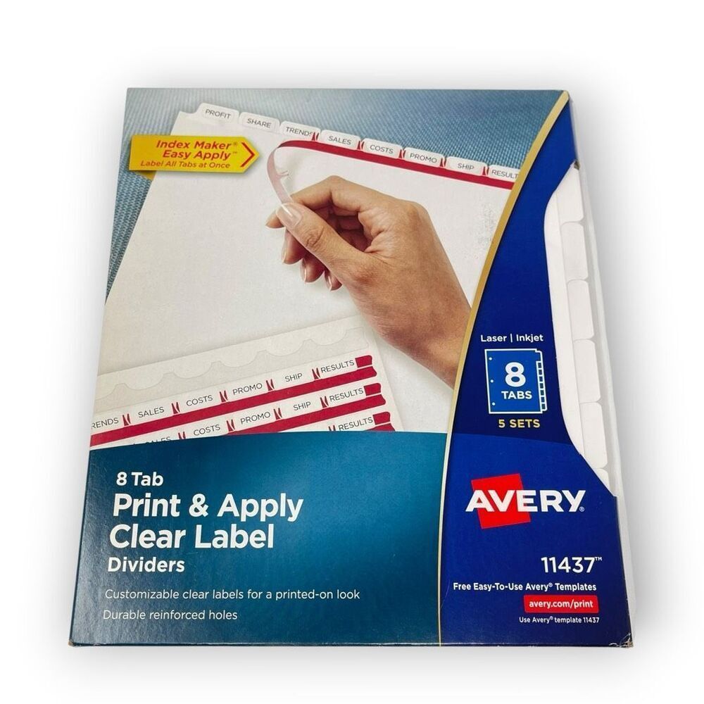 Avery 8 Tab Print & Apply Clear Label Unpunched White Dividers 5 Sets 11437